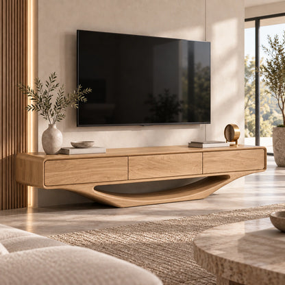 Minimalist TV Stand with Sculptural Wave Base in Natural Solid Wood - Woodenecho - 9