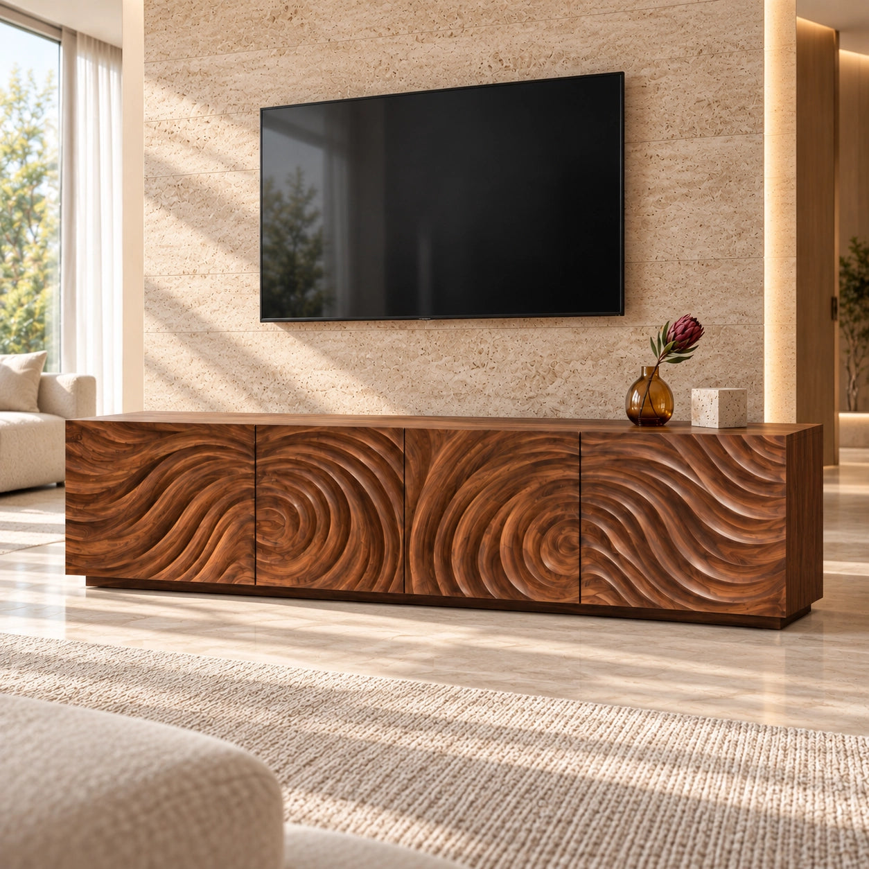 Minimalist TV Stand with Wave-Carved Natural Solid Wood Doors in Six Sizes - Woodenecho - 1