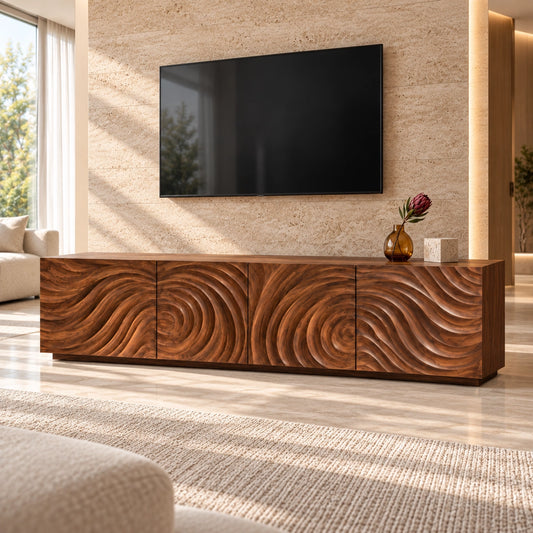 Minimalist TV Stand with Wave-Carved Natural Solid Wood Doors in Six Sizes - Woodenecho - 1