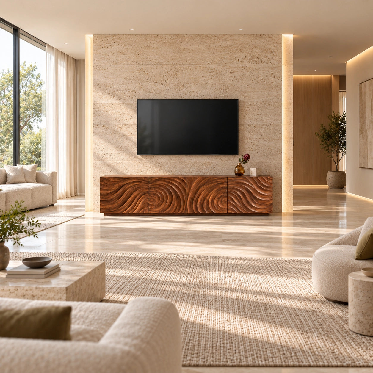 Minimalist TV Stand with Wave-Carved Natural Solid Wood Doors in Six Sizes - Woodenecho - 2