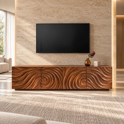 Minimalist TV Stand with Wave-Carved Natural Solid Wood Doors in Six Sizes - Woodenecho - 3