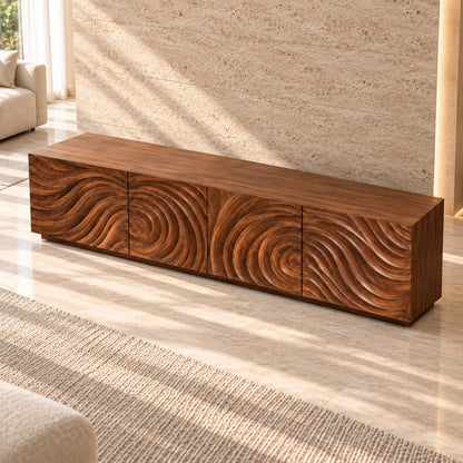 Minimalist TV Stand with Wave-Carved Natural Solid Wood Doors in Six Sizes - Woodenecho - 4