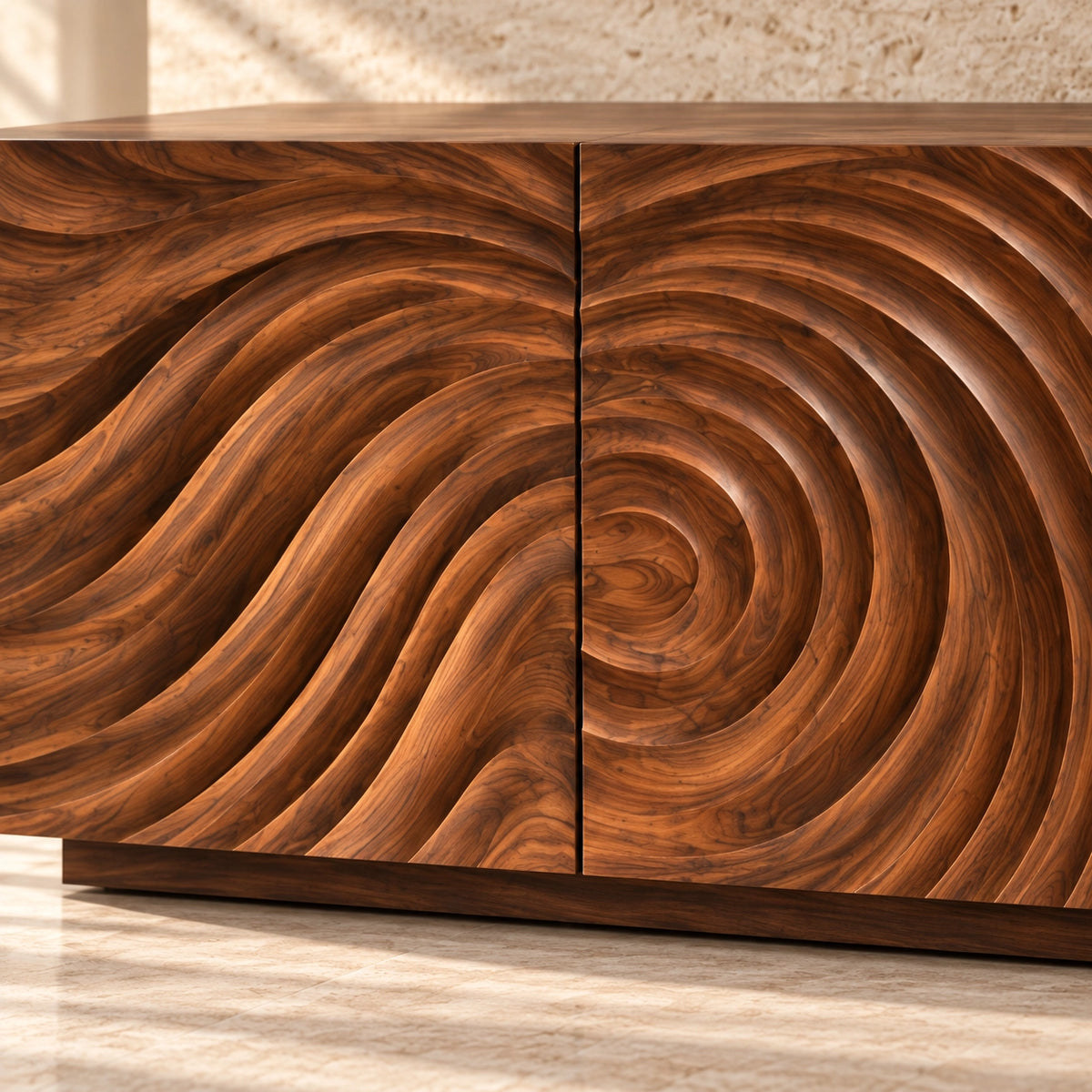 Minimalist TV Stand with Wave-Carved Natural Solid Wood Doors in Six Sizes - Woodenecho - 5