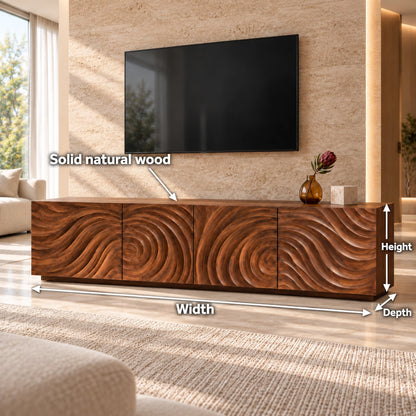 Minimalist TV Stand with Wave-Carved Natural Solid Wood Doors in Six Sizes - Woodenecho - 6