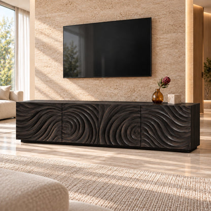 Minimalist TV Stand with Wave-Carved Natural Solid Wood Doors in Six Sizes - Woodenecho - 7