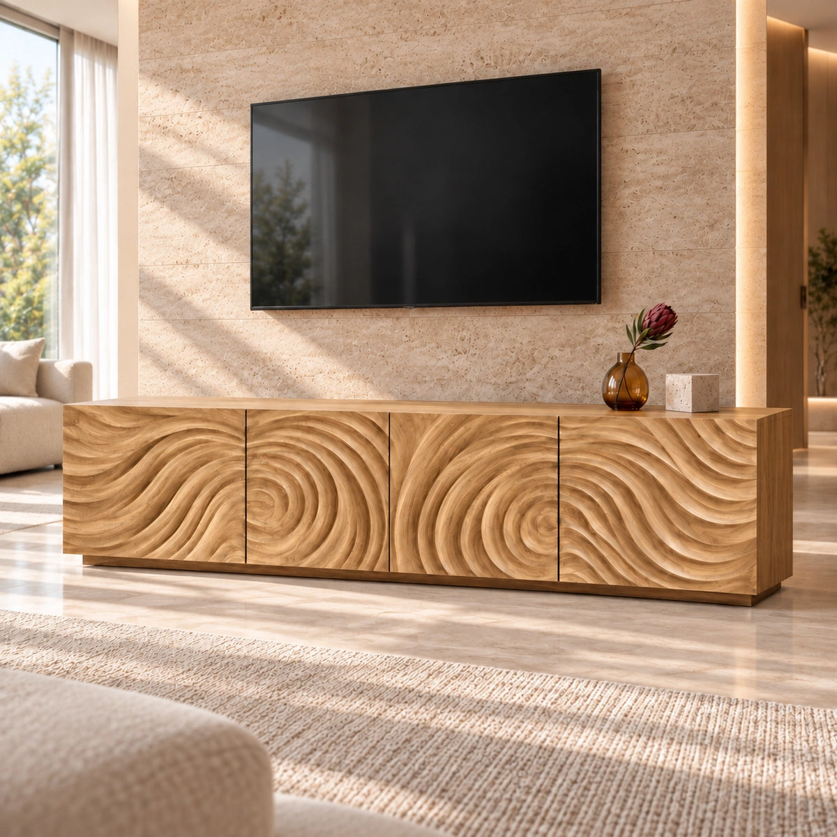 Minimalist TV Stand with Wave-Carved Natural Solid Wood Doors in Six Sizes - Woodenecho - 8