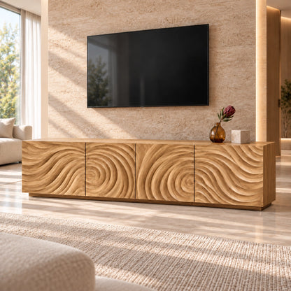 Minimalist TV Stand with Wave-Carved Natural Solid Wood Doors in Six Sizes - Woodenecho - 8