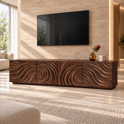 Minimalist TV Stand with Wave-Carved Natural Solid Wood Doors in Six Sizes - Woodenecho - 9