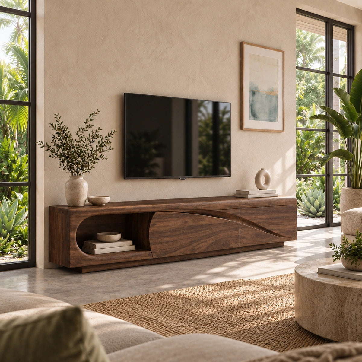 Modern TV Stand with Curved Nook Storage in Natural Solid Wood Design - Woodenecho - 1