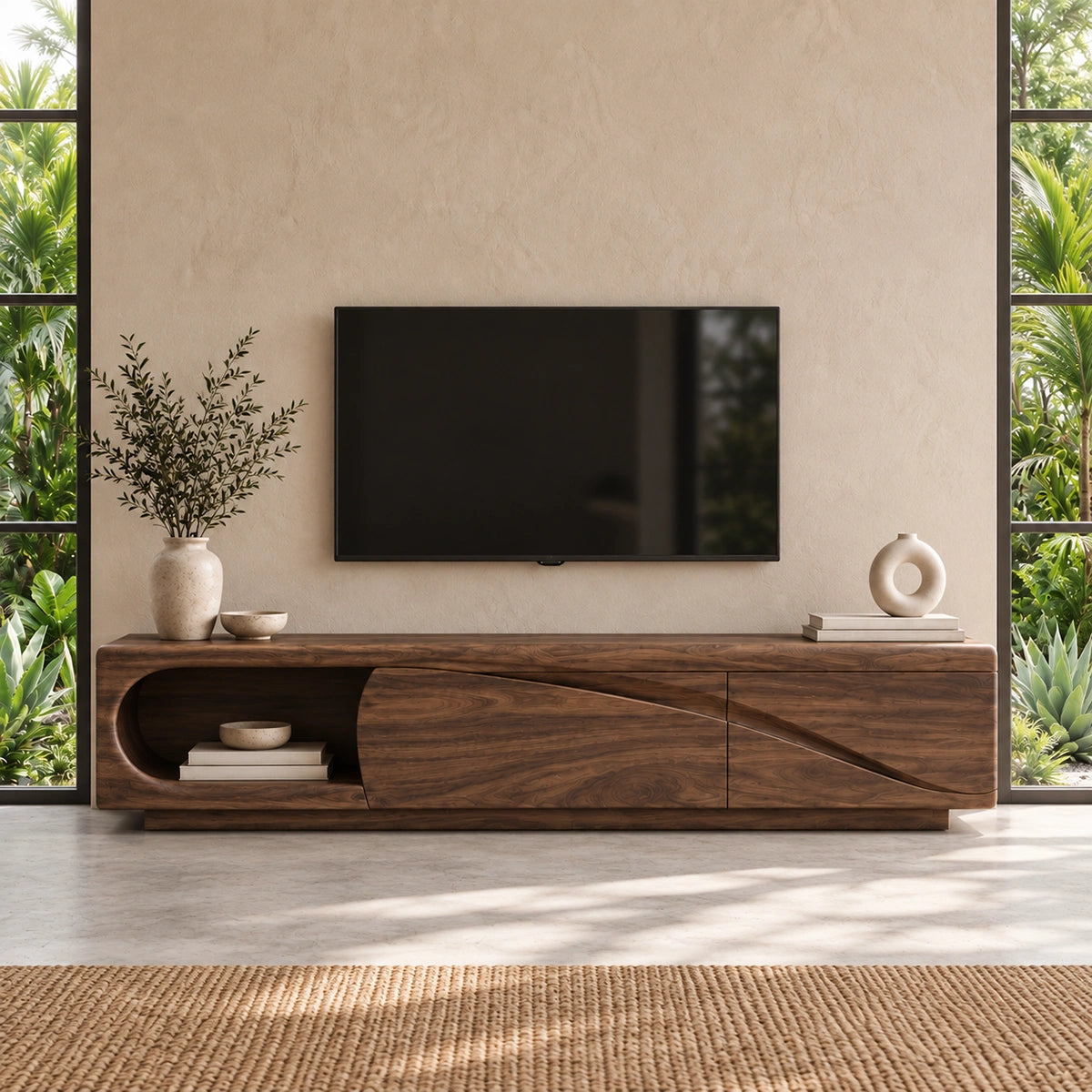 Modern TV Stand with Curved Nook Storage in Natural Solid Wood Design - Woodenecho - 2