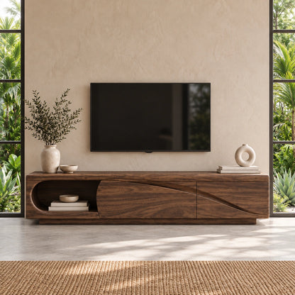 Modern TV Stand with Curved Nook Storage in Natural Solid Wood Design - Woodenecho - 2