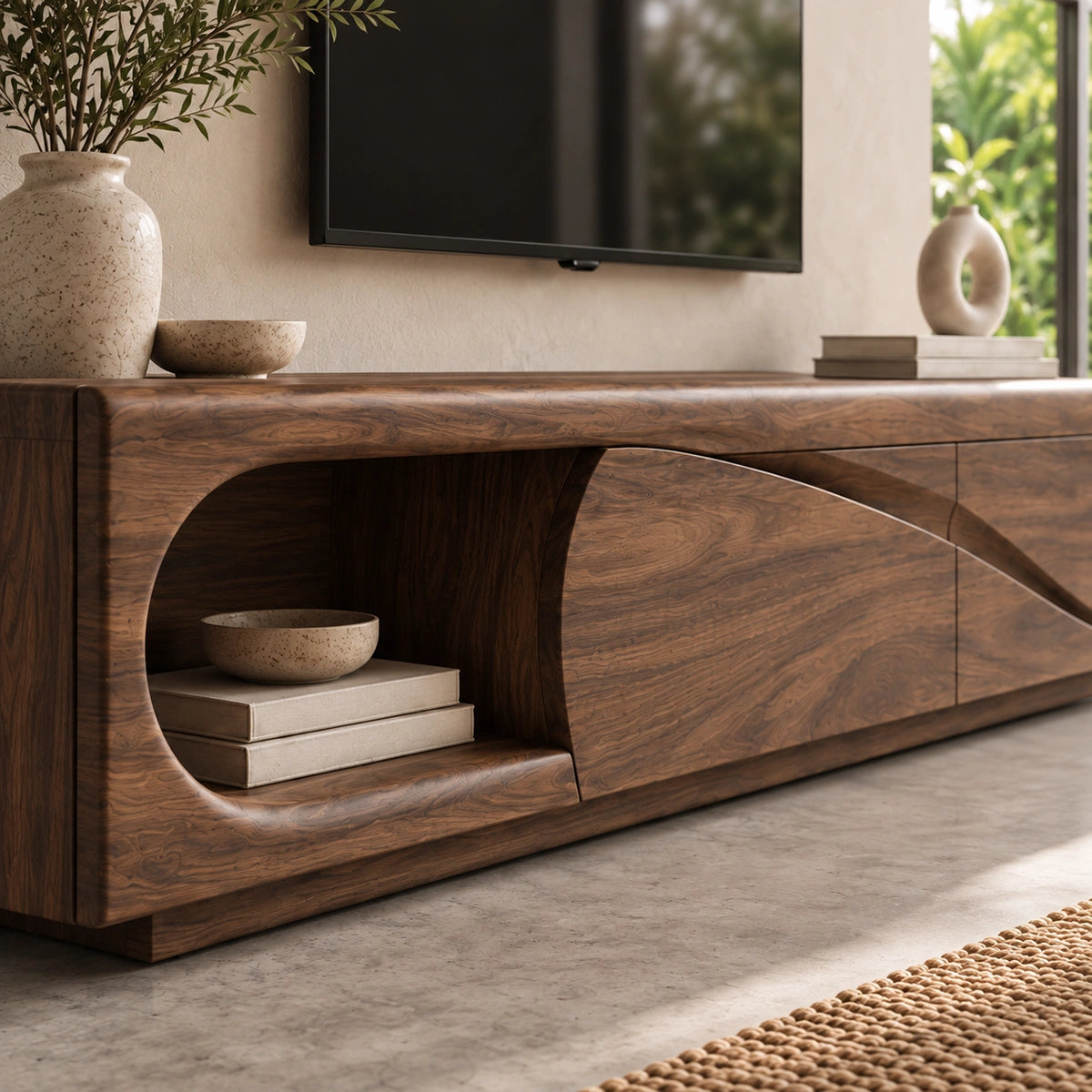 Modern TV Stand with Curved Nook Storage in Natural Solid Wood Design - Woodenecho - 3