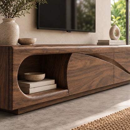 Modern TV Stand with Curved Nook Storage in Natural Solid Wood Design - Woodenecho - 3