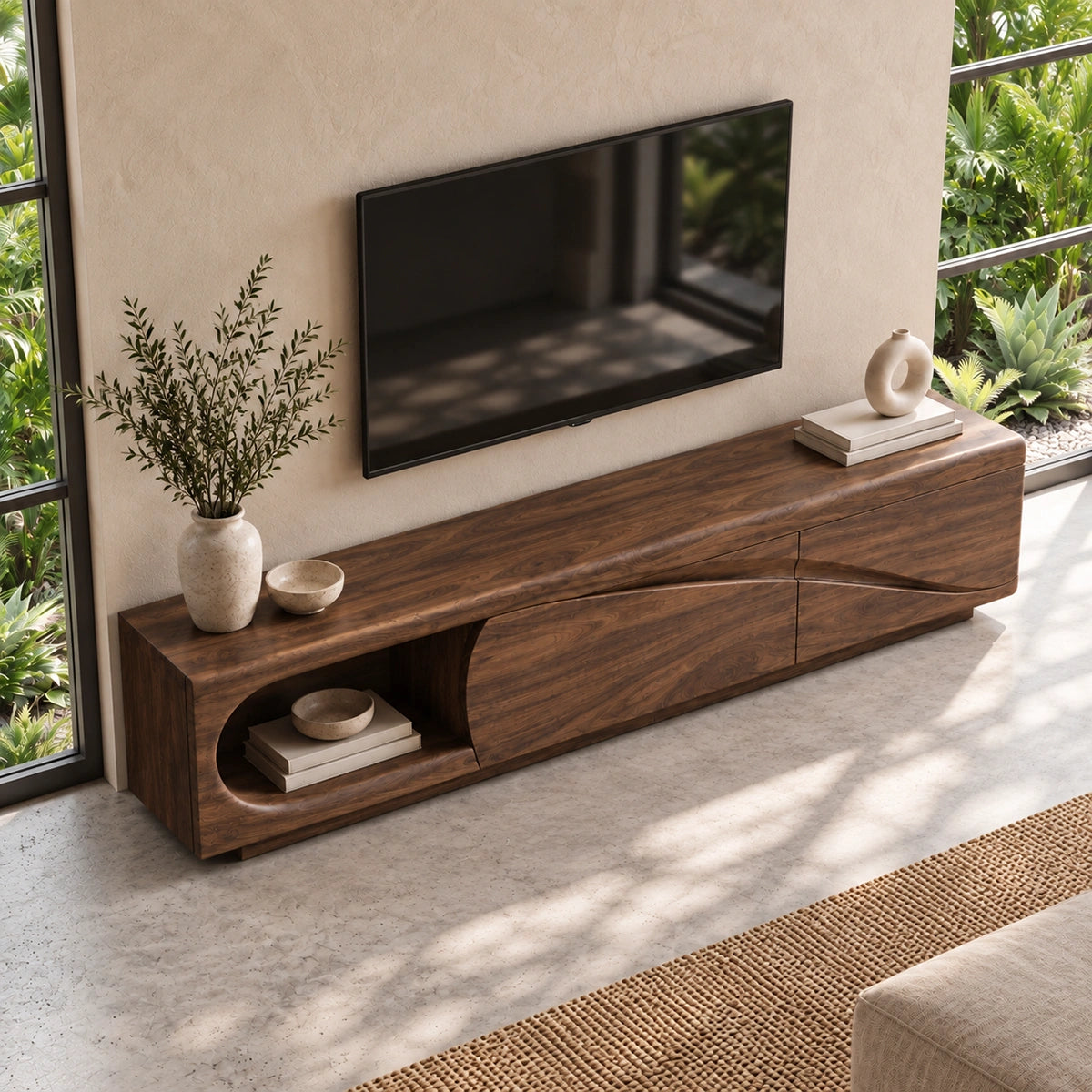 Modern TV Stand with Curved Nook Storage in Natural Solid Wood Design - Woodenecho - 4