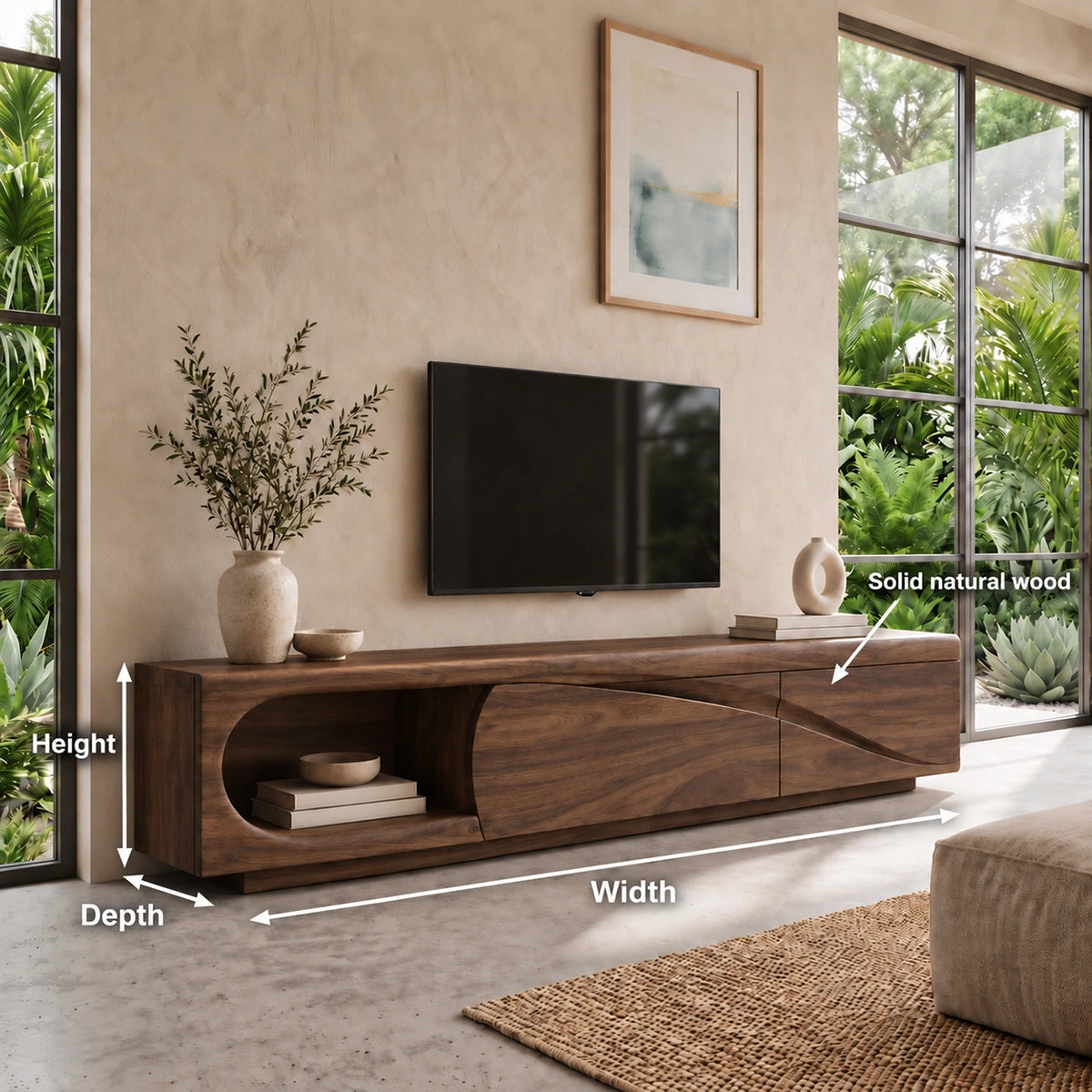 Modern TV Stand with Curved Nook Storage in Natural Solid Wood Design - Woodenecho - 5
