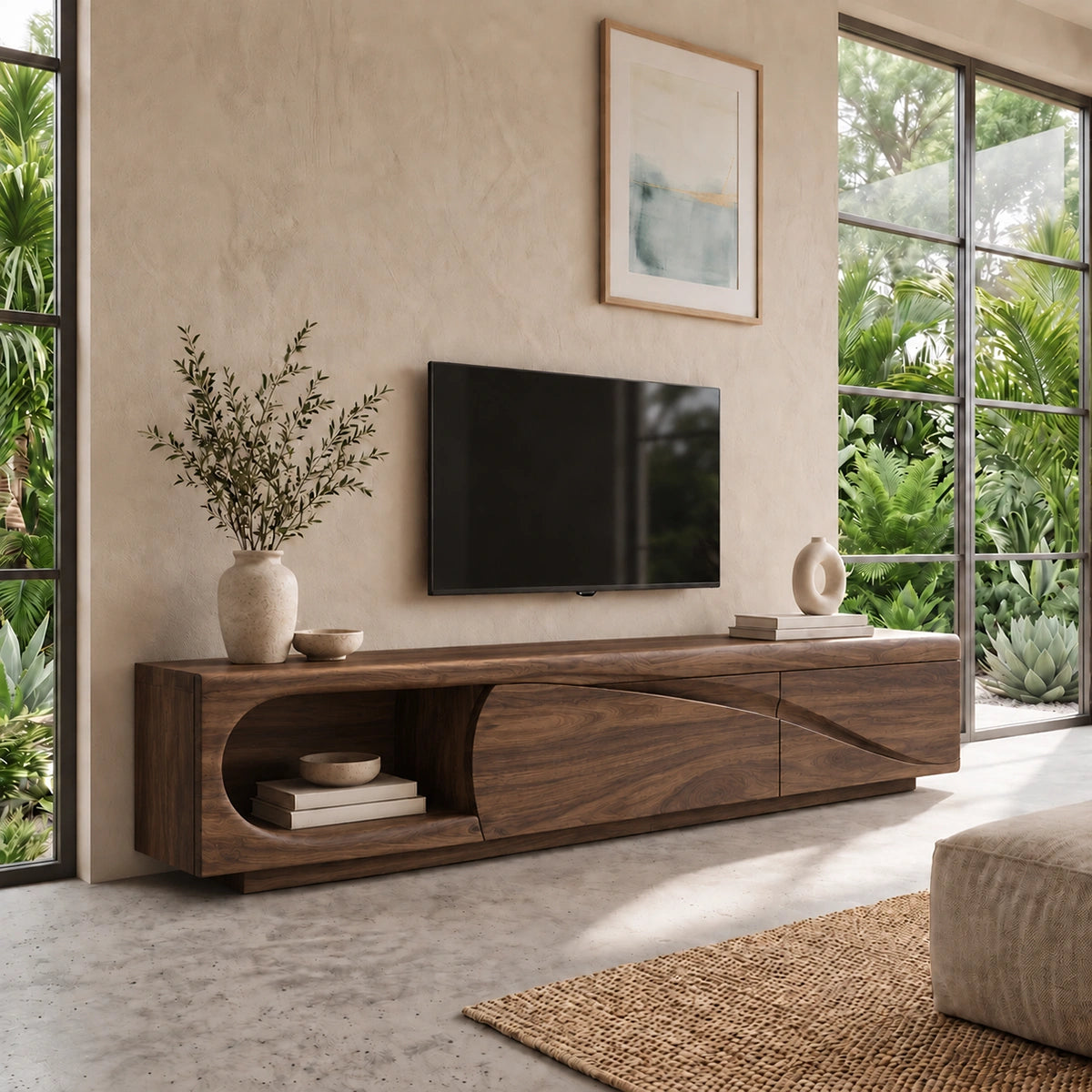 Modern TV Stand with Curved Nook Storage in Natural Solid Wood Design - Woodenecho - 6