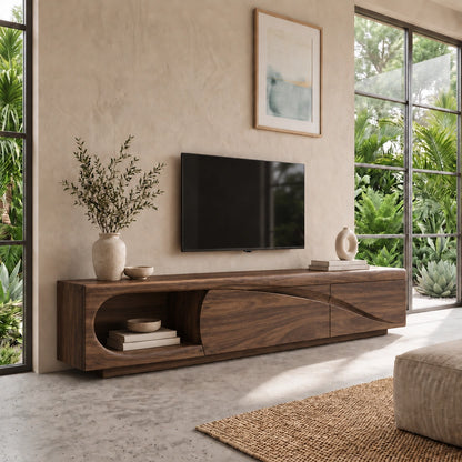 Modern TV Stand with Curved Nook Storage in Natural Solid Wood Design - Woodenecho - 6