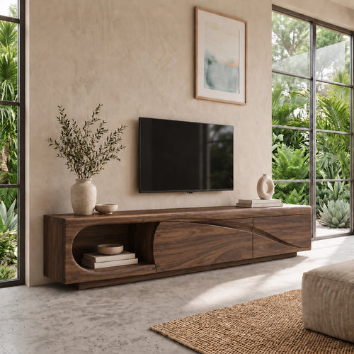 Modern TV Stand with Curved Nook Storage in Natural Solid Wood Design - Woodenecho - 6