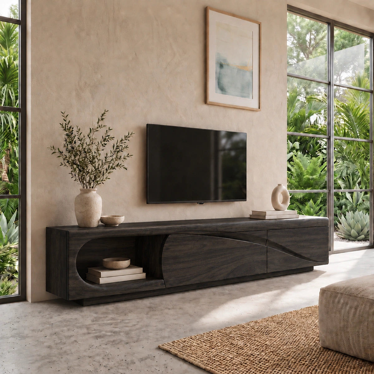 Modern TV Stand with Curved Nook Storage in Natural Solid Wood Design - Woodenecho - 7