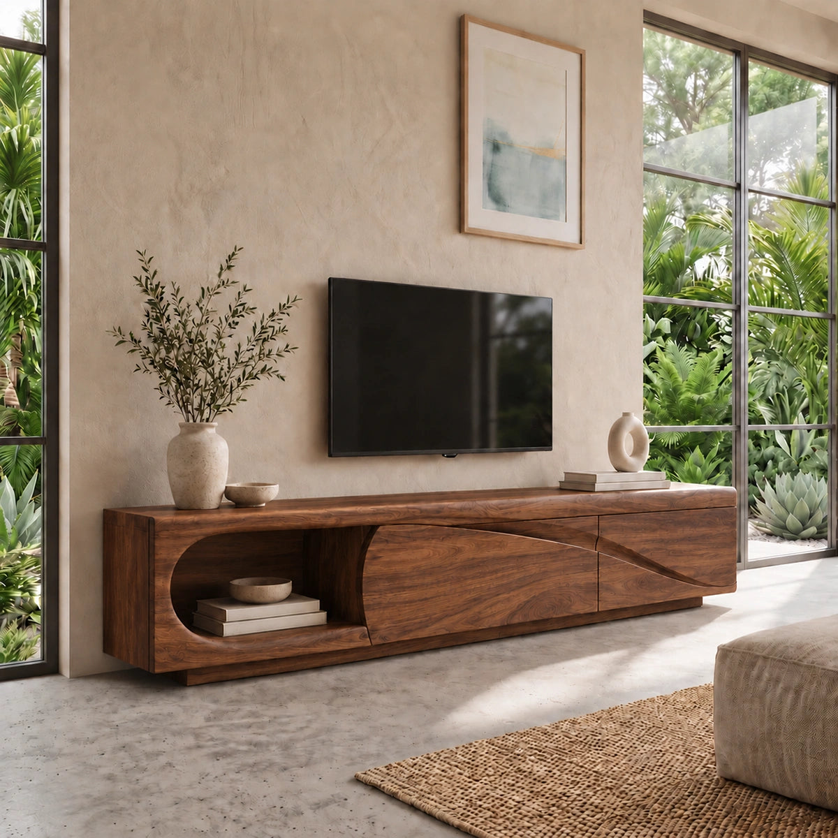 Modern TV Stand with Curved Nook Storage in Natural Solid Wood Design - Woodenecho - 8