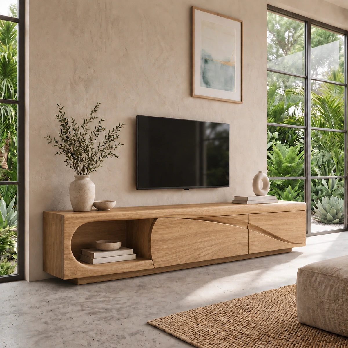 Modern TV Stand with Curved Nook Storage in Natural Solid Wood Design - Woodenecho - 9