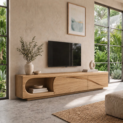 Modern TV Stand with Curved Nook Storage in Natural Solid Wood Design - Woodenecho - 9