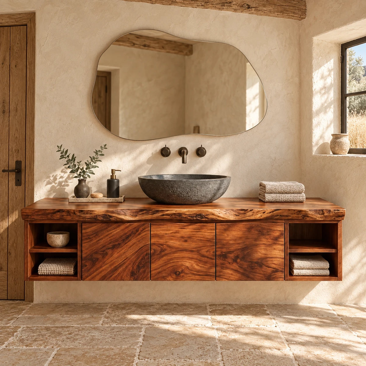 Natural Wood Bathroom Vanity with Three Doors, End Cubbies and Live-Edge Top - Woodenecho - 10