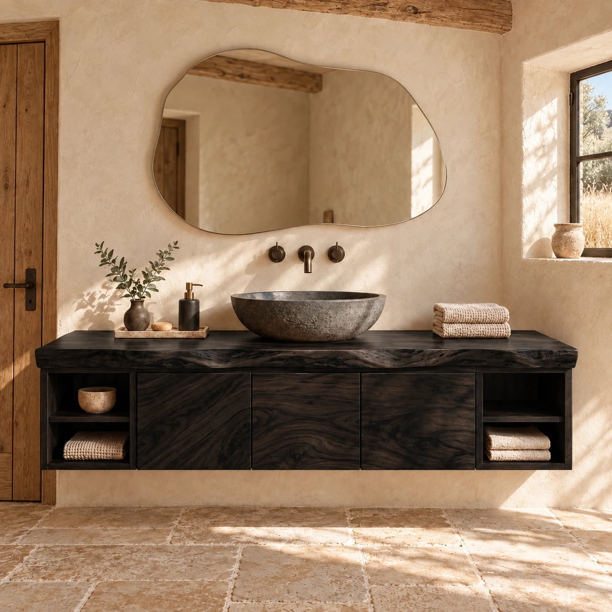 Natural Wood Bathroom Vanity with Three Doors, End Cubbies and Live-Edge Top - Woodenecho - 11