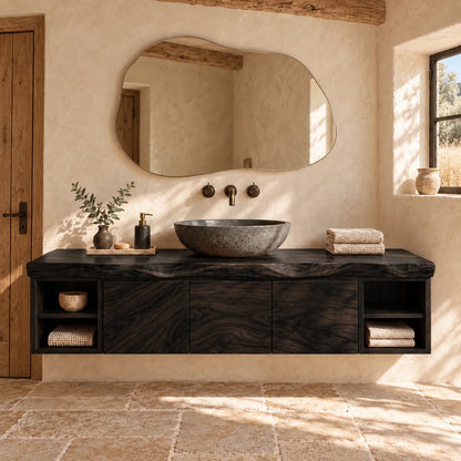 Natural Wood Bathroom Vanity with Three Doors, End Cubbies and Live-Edge Top - Woodenecho - 11