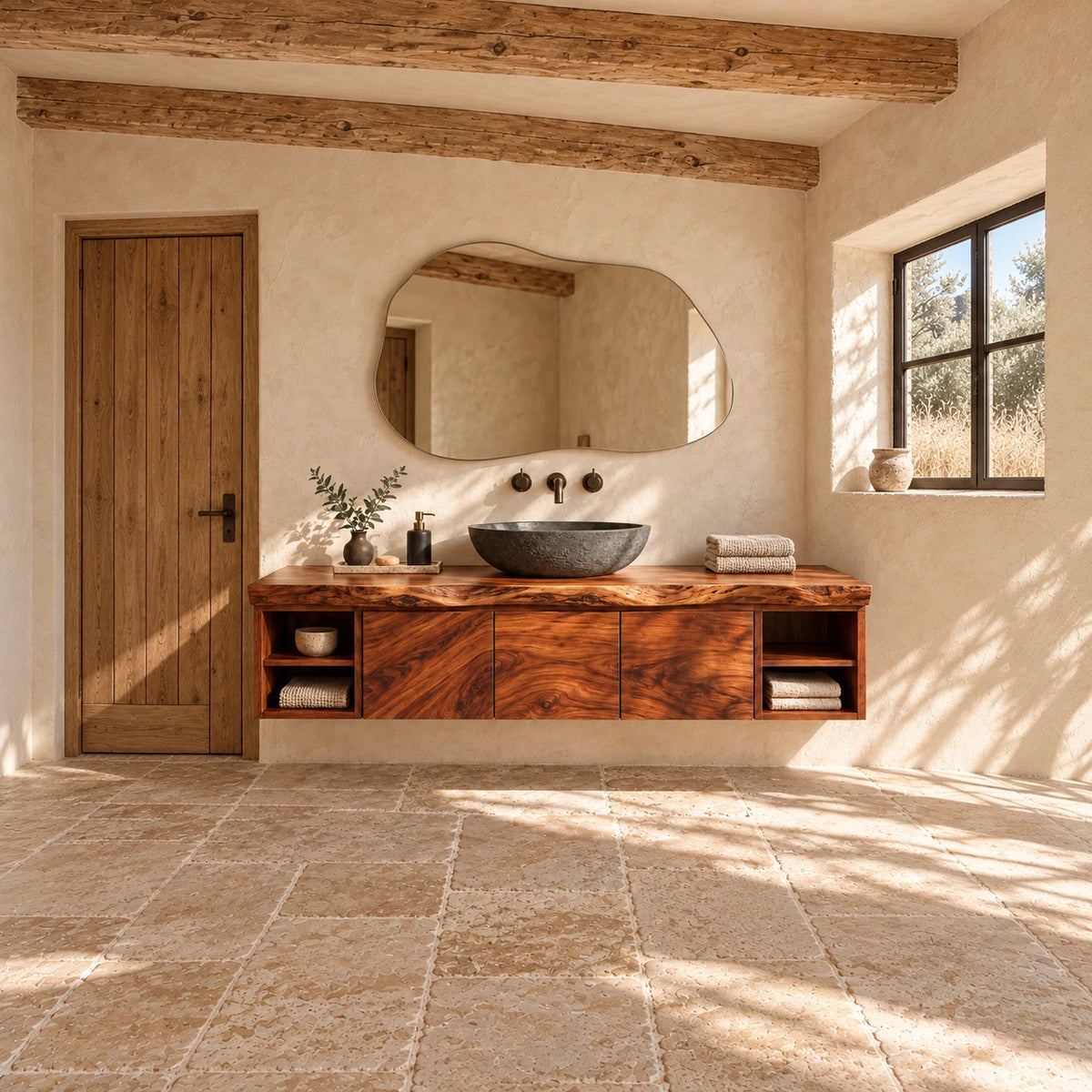 Natural Wood Bathroom Vanity with Three Doors, End Cubbies and Live-Edge Top - Woodenecho - 2