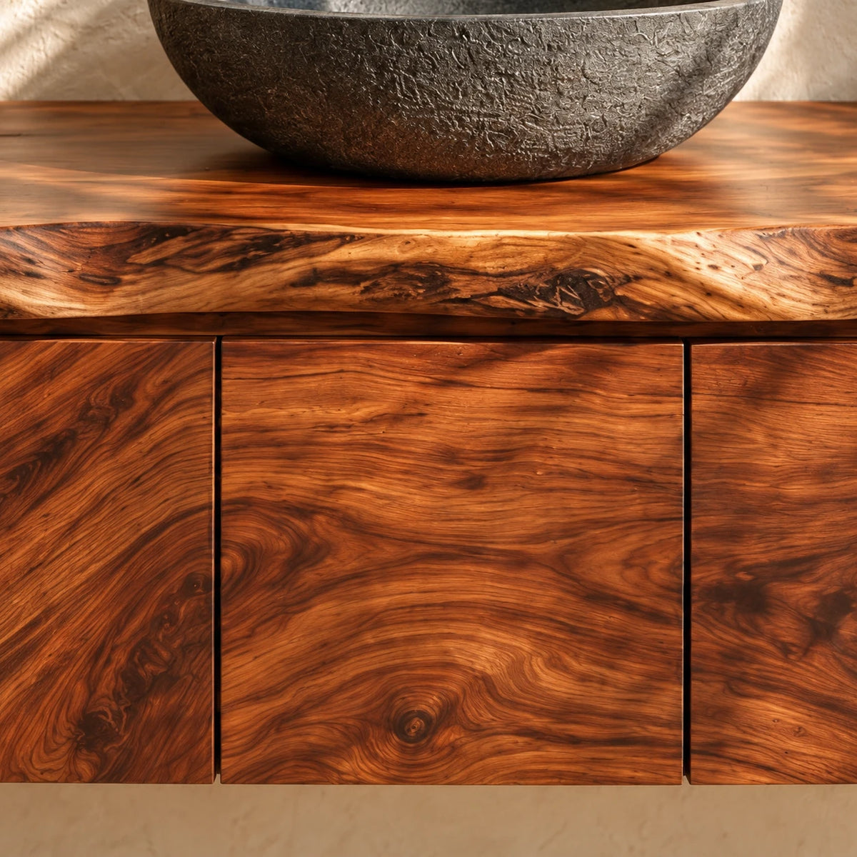 Natural Wood Bathroom Vanity with Three Doors, End Cubbies and Live-Edge Top - Woodenecho - 3
