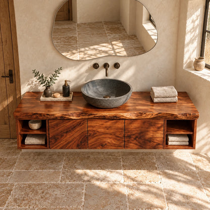Natural Wood Bathroom Vanity with Three Doors, End Cubbies and Live-Edge Top - Woodenecho - 4