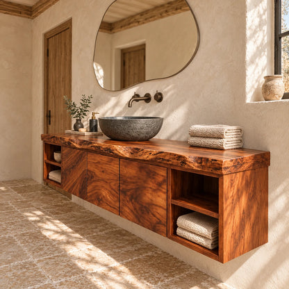 Natural Wood Bathroom Vanity with Three Doors, End Cubbies and Live-Edge Top - Woodenecho - 5