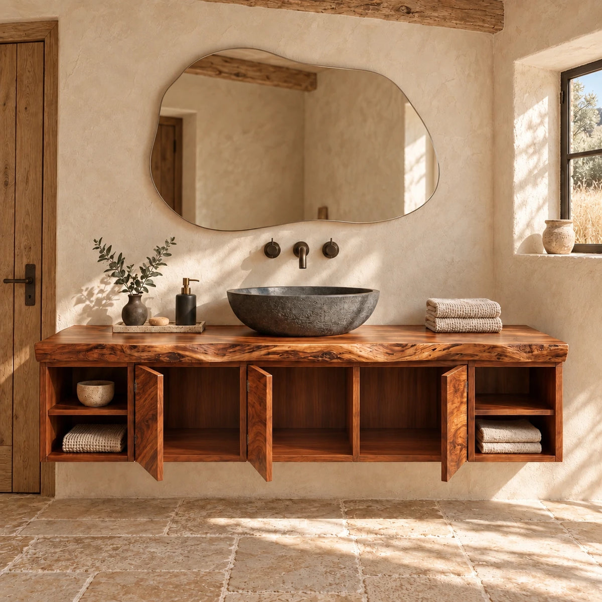 Natural Wood Bathroom Vanity with Three Doors, End Cubbies and Live-Edge Top - Woodenecho - 6