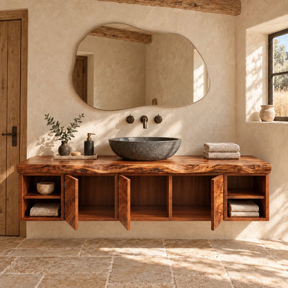 Natural Wood Bathroom Vanity with Three Doors, End Cubbies and Live-Edge Top - Woodenecho - 6