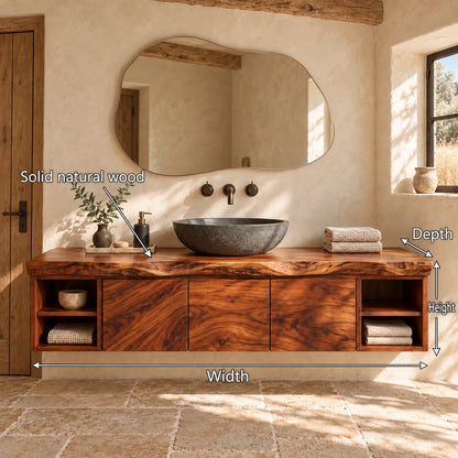 Natural Wood Bathroom Vanity with Three Doors, End Cubbies and Live-Edge Top - Woodenecho - 7