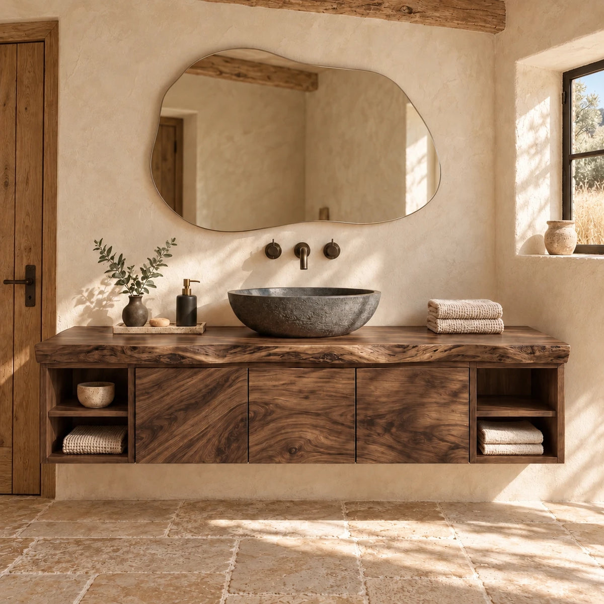 Natural Wood Bathroom Vanity with Three Doors, End Cubbies and Live-Edge Top - Woodenecho - 8