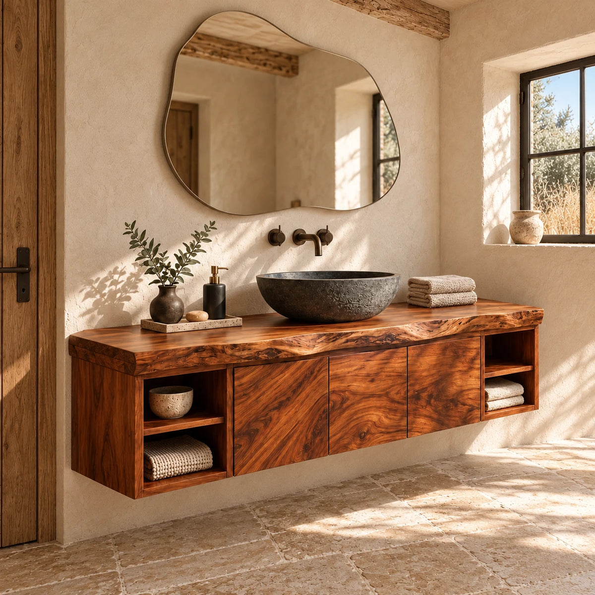 Natural Wood Bathroom Vanity with Three Doors, End Cubbies and Live-Edge Top - Woodenecho