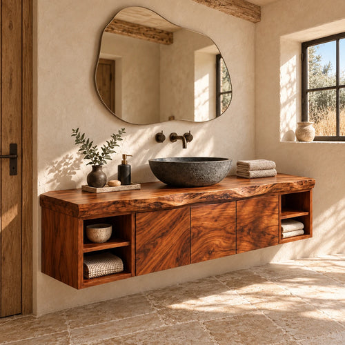 Natural Wood Bathroom Vanity with Three Doors, End Cubbies and Live-Edge Top - Woodenecho
