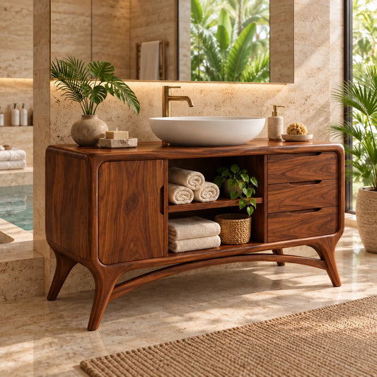 Natural Wood Bathroom Vanity with Three Drawers, Open Shelf and Splayed Legs - Woodenecho