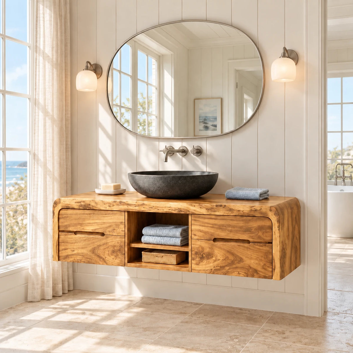 Natural Wood Bathroom Vanity with Waterfall Ends, Four Drawers and Open Cubbies - Woodenecho - 10