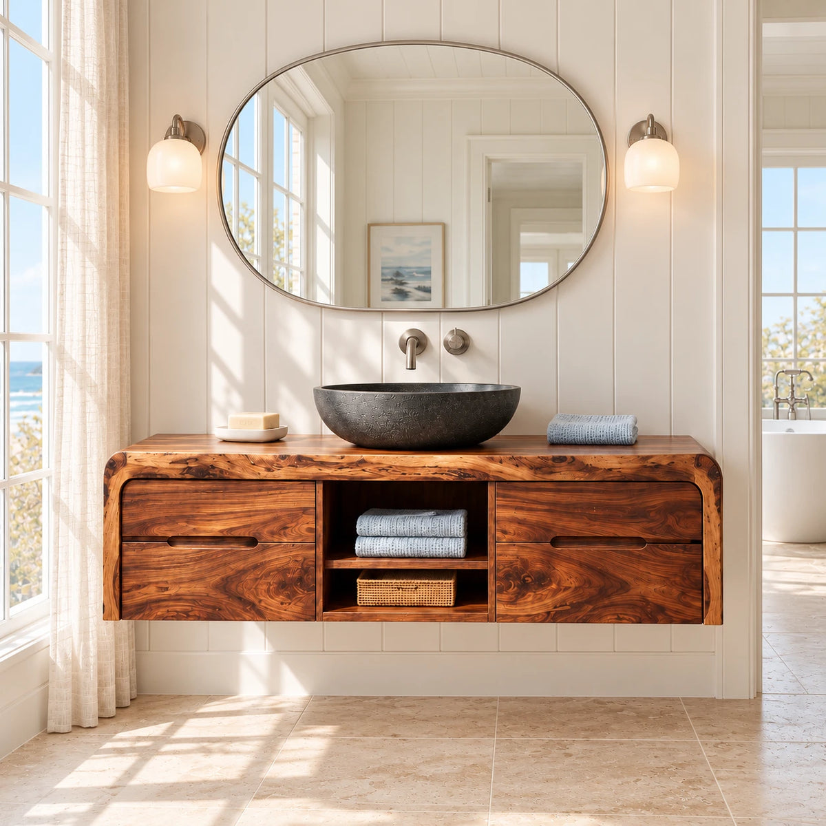 Natural Wood Bathroom Vanity with Waterfall Ends, Four Drawers and Open Cubbies - Woodenecho - 2