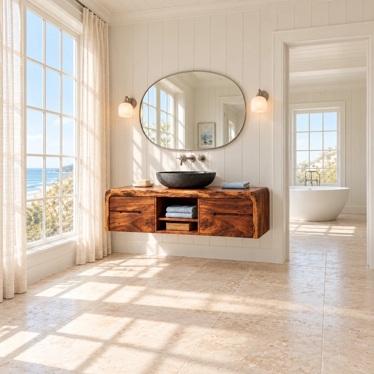 Natural Wood Bathroom Vanity with Waterfall Ends, Four Drawers and Open Cubbies - Woodenecho - 3
