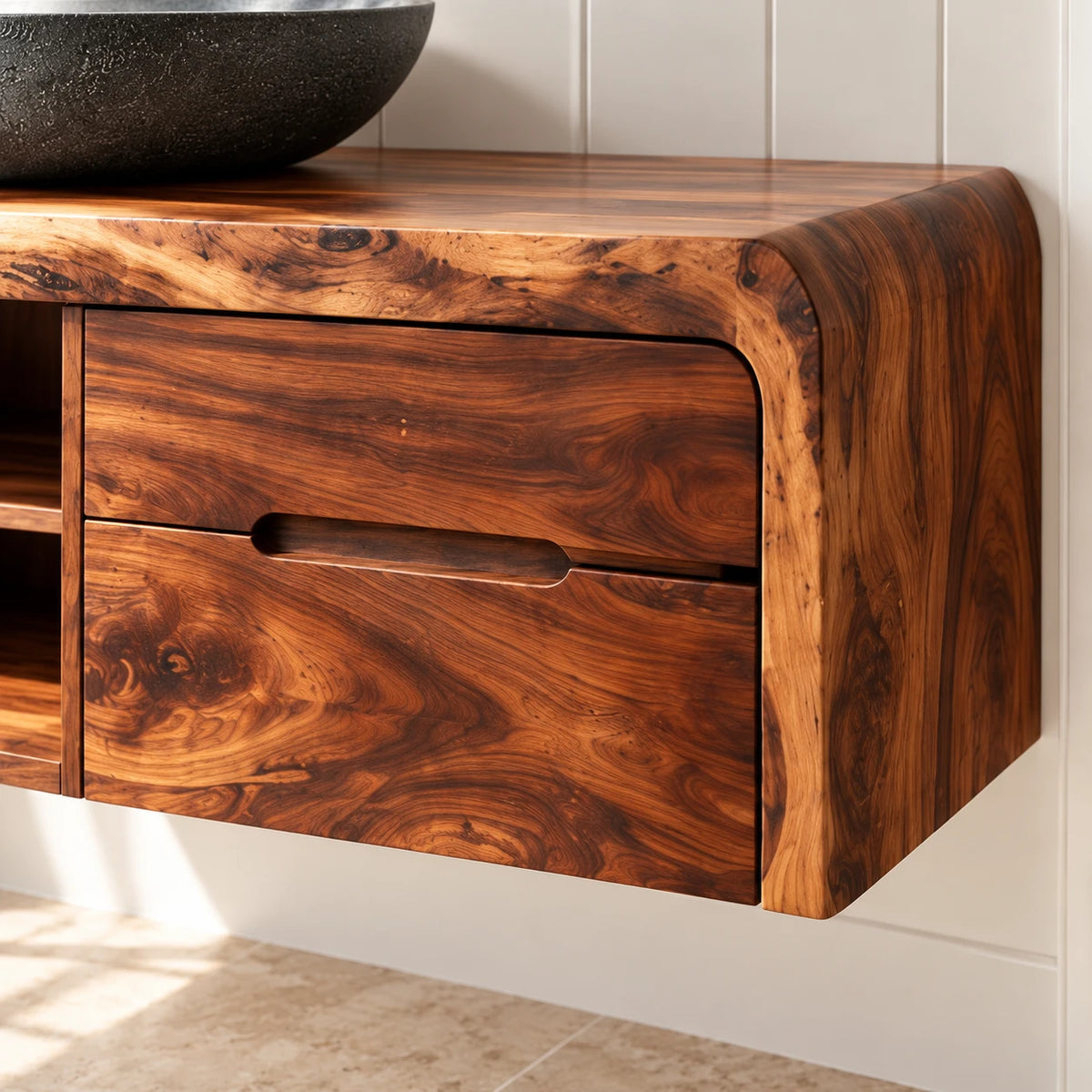 Natural Wood Bathroom Vanity with Waterfall Ends, Four Drawers and Open Cubbies - Woodenecho - 4