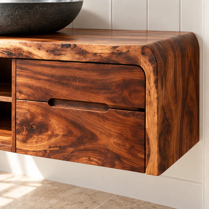 Natural Wood Bathroom Vanity with Waterfall Ends, Four Drawers and Open Cubbies - Woodenecho - 4