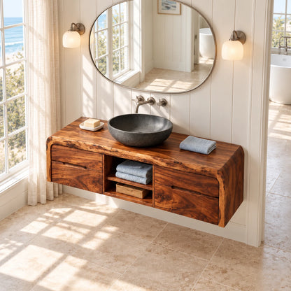 Natural Wood Bathroom Vanity with Waterfall Ends, Four Drawers and Open Cubbies - Woodenecho - 5