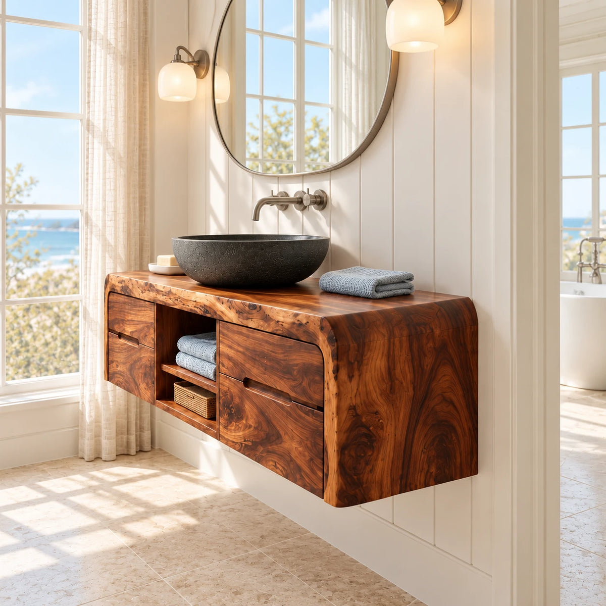 Natural Wood Bathroom Vanity with Waterfall Ends, Four Drawers and Open Cubbies - Woodenecho - 6