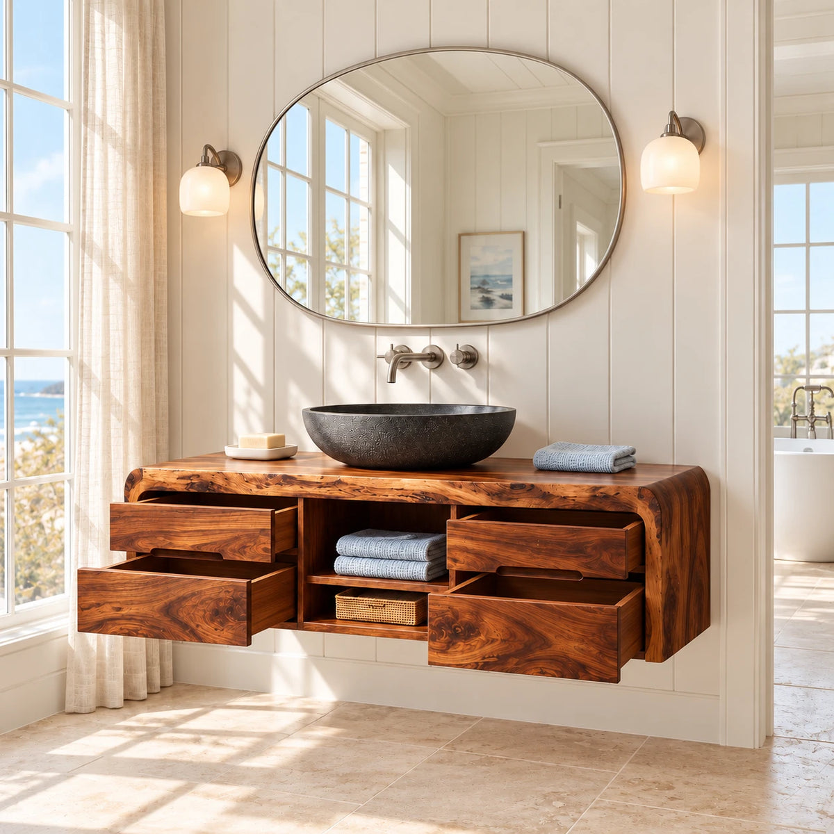 Natural Wood Bathroom Vanity with Waterfall Ends, Four Drawers and Open Cubbies - Woodenecho - 7