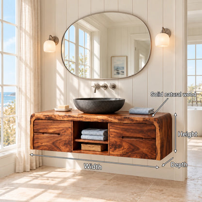 Natural Wood Bathroom Vanity with Waterfall Ends, Four Drawers and Open Cubbies - Woodenecho - 8