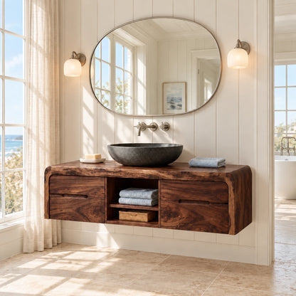 Natural Wood Bathroom Vanity with Waterfall Ends, Four Drawers and Open Cubbies - Woodenecho - 9